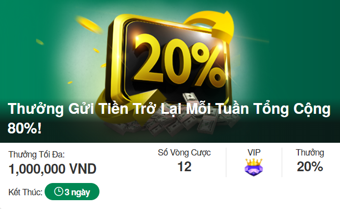 Thưởng Gửi Tiền Trở Lại Mỗi Tuần Tổng Cộng 80% V9BET